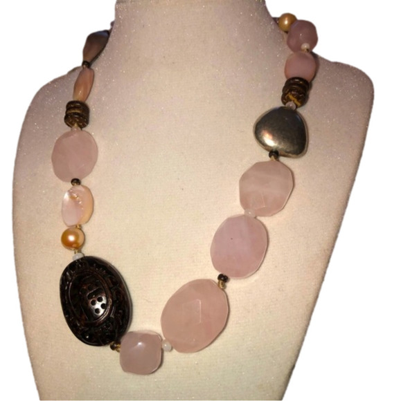 silpada Silver Pink Rose Quartz Palm Wood Silk Sterling Silver Necklace 18.5” - Picture 6 of 10